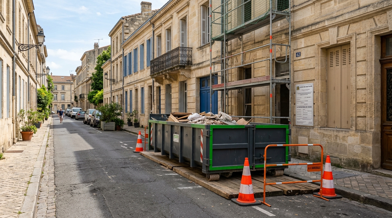 Benne de chantier posée sur cales bois sur place de stationnement devant échoppes à Bordeaux avec signalisation réglementaire