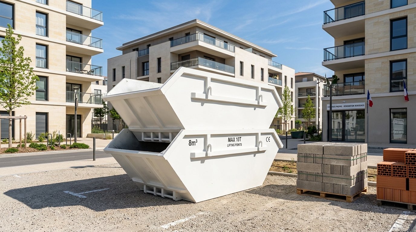 Deux bennes blanches de chantier 8m3 empilables déposées pour le tri des gravats et du DIB à Bordeaux