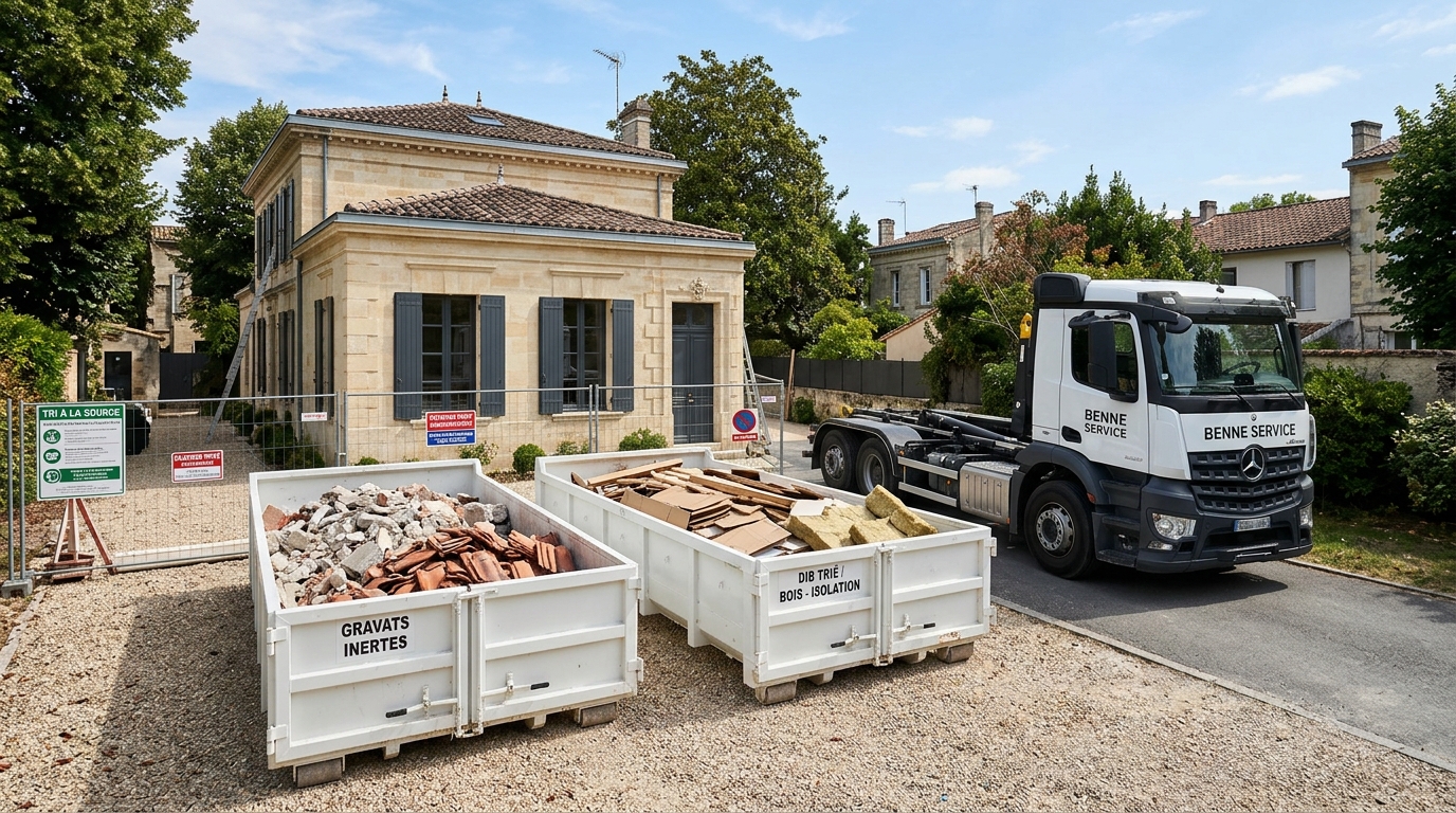 Bennes 8m3 blanches empilables pour tri de chantier gros oeuvre à Bordeaux avec camion Mercedes Arocs