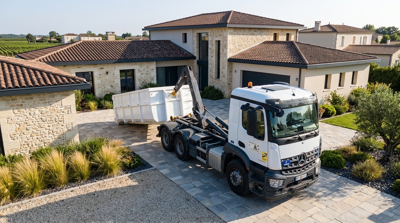 Livraison d'une benne blanche par camion ampliroll Mercedes Arocs à Bordeaux et tarif location
