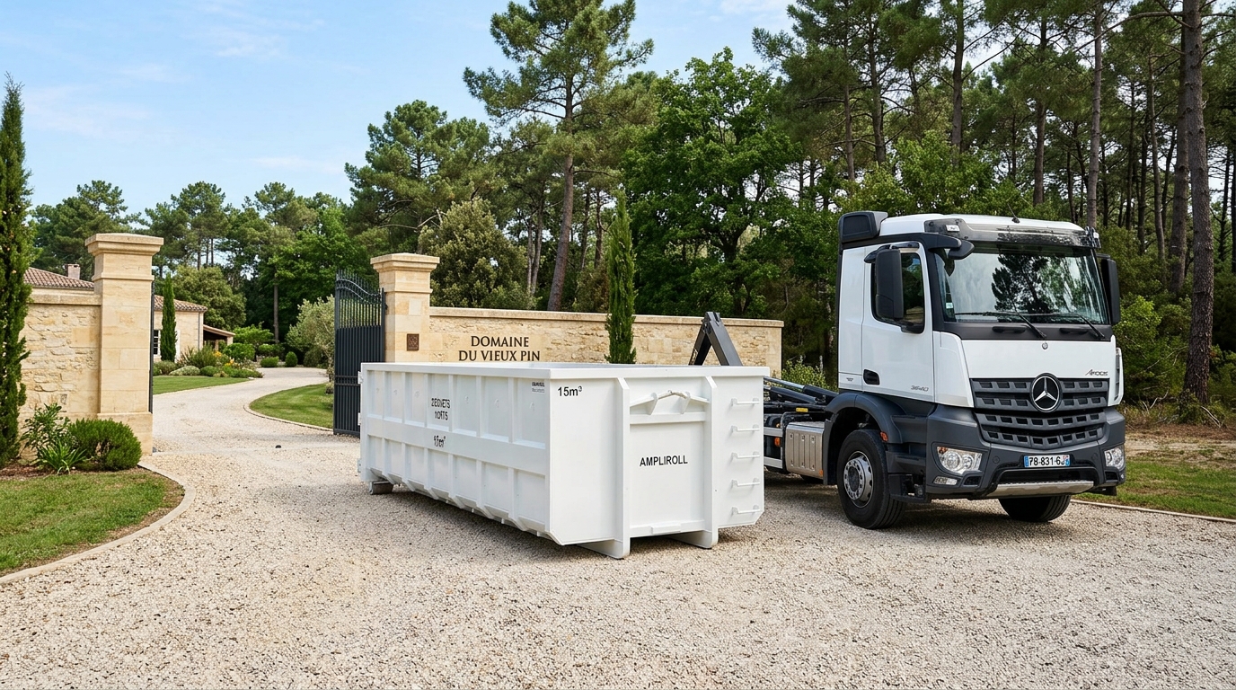 Benne 15m3 grand volume blanche pour évacuation de déchets verts et branchages à Bordeaux avec camion Mercedes Arocs