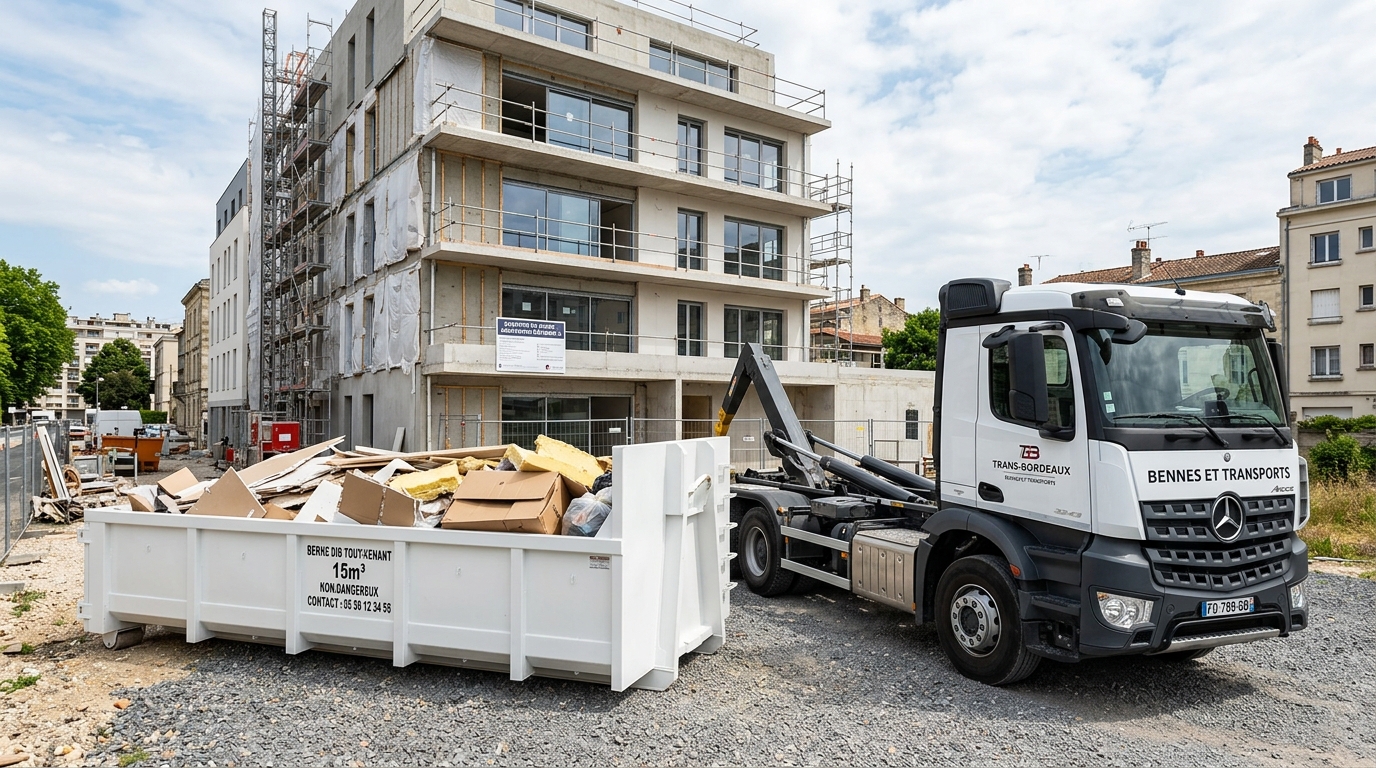 Benne 15m3 grand volume pour évacuation de déchets de chantier tout-venant DIB à Bordeaux avec camion Mercedes Arocs