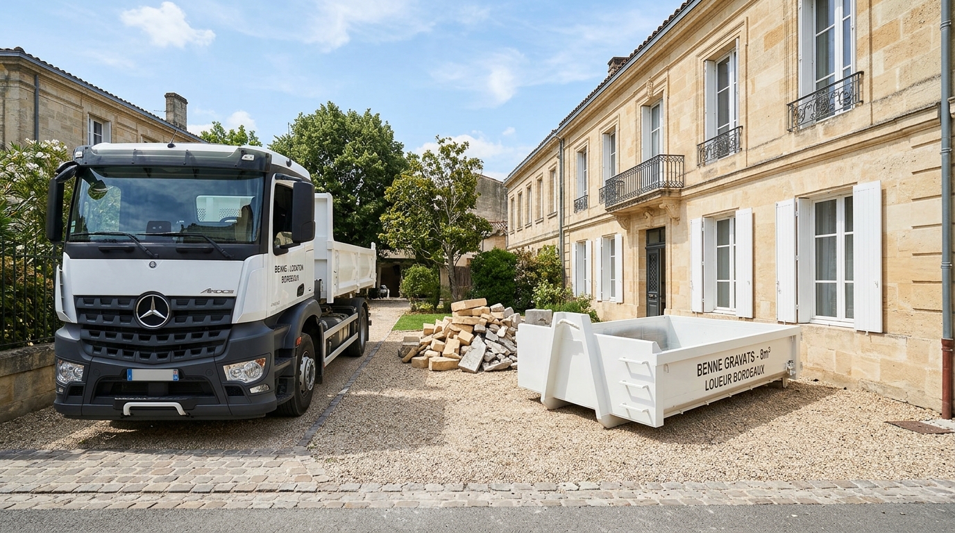 Benne à gravats 8m3 blanche déposée par camion Mercedes Arocs 2640 pour chantier de démolition à Bordeaux