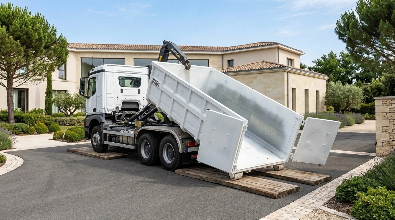 Camion polybenne Mercedes Arocs 2640 livrant une benne de 8m3 pour gravats et DIB à Mérignac